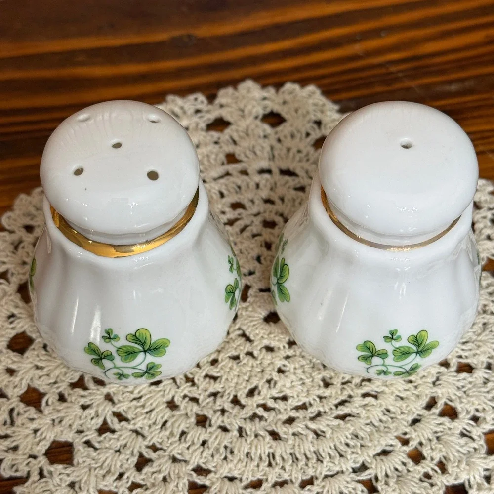 Erin China Salt and Pepper Shakers White Excellent Shamrock Gold Trim